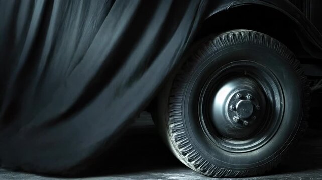 A black truck partially covered by a black cloth, waiting or hiding