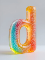 A soft and wobbly 3D letter  d  made of translucent gummy candy, in bright, neon colors