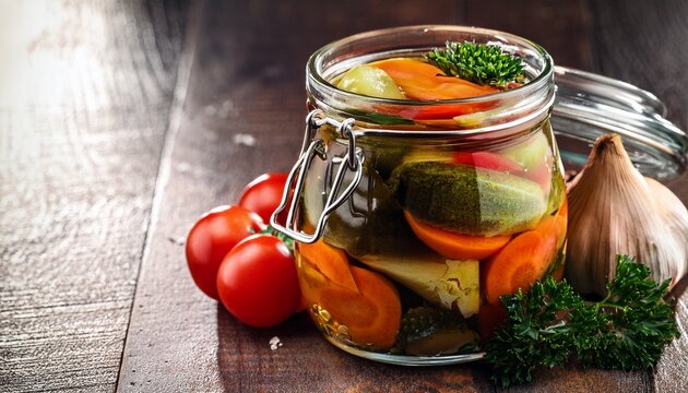 preserved vegetables in a glass jar - Powered by Adobe