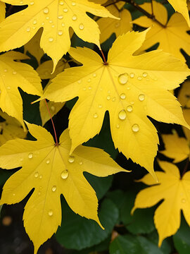 rant day in autumn yellow leaves and raindrops