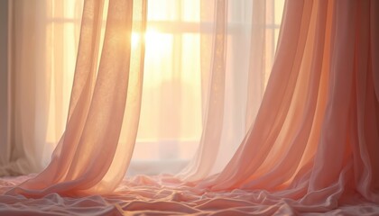Soft peach sheer fabric drapes elegantly across window, catching warm sunlight creating peaceful, luxurious ambiance. Delicate textile texture offers gentle, flowing elegance for home decor, interior