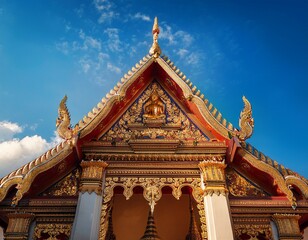 Fototapeta premium ornate thai buddhist temple with detailed architecture against clear blue sky