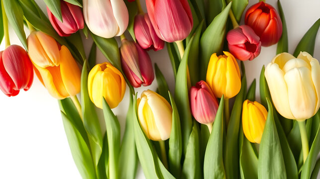 Isolated tulip boutique with variable colors on white background in Spring. Spring seasonal concept.