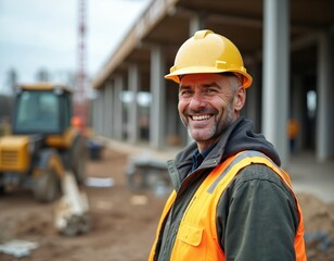 Smiling construction worker in yellow hard hat and orange safety vest on a building site. Daytime scene with heavy machinery and materials, representing industry progress and skilled labor.