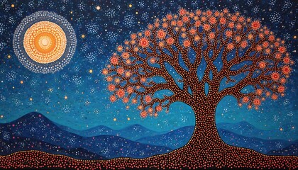 Vibrant Aboriginal dot painting illustrates cosmic Tree of Life under starry night sky. Features glowing sun moon, rolling hills. Artwork embodies indigenous culture, spiritual themes, connection to