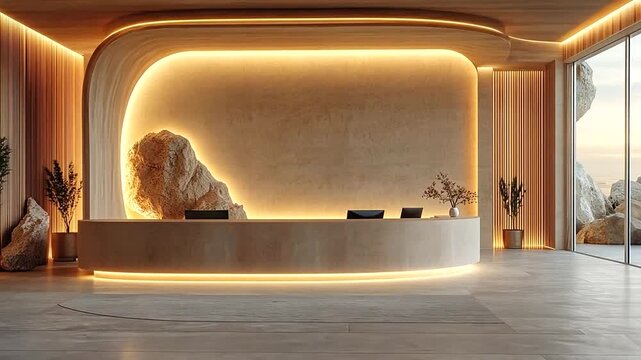 Elegant Hotel Lobby Interior Design with Natural Elements and Warm Lighting