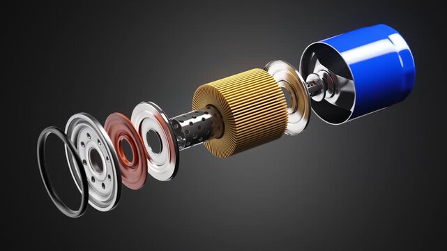 Car oil filter structure isolated on black background. 3d animation