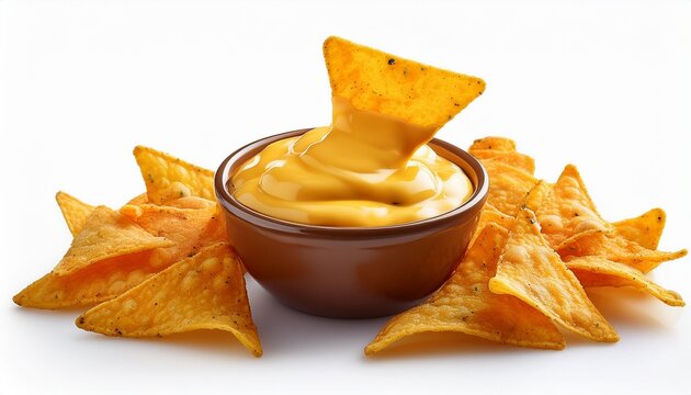 nachos with melted cheese dip bowl isolated on white background
