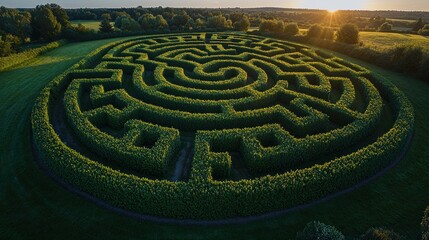 High angle view of hedge maze with sun in background