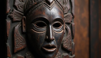 Authentic West African wooden tribal mask. Intricately carved face, representing ancient culture, rituals. Hand-made artifact with deep texture, power, tradition. Unique primitive sculpture for