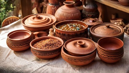 rustic display of terracotta dishes and food
