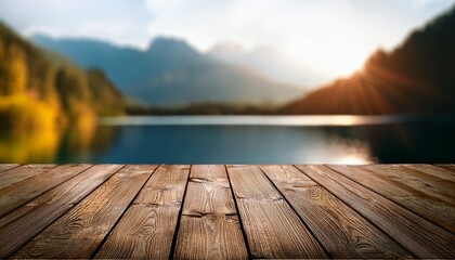 mockup of weathered wooden boards with soft focus mountain lake in background perfect lighting realistic and cinematic style