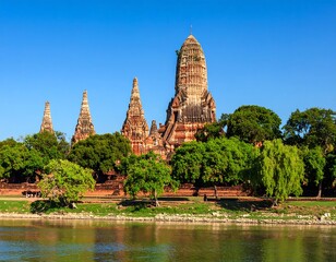 Naklejka premium Ancient temple complex by a river under a clear sky