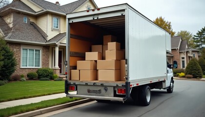 Moving truck loaded with cardboard boxes parked in front of suburban home. Full cargo van ready for residential relocation. Transportation service for household goods, apartments, furniture,