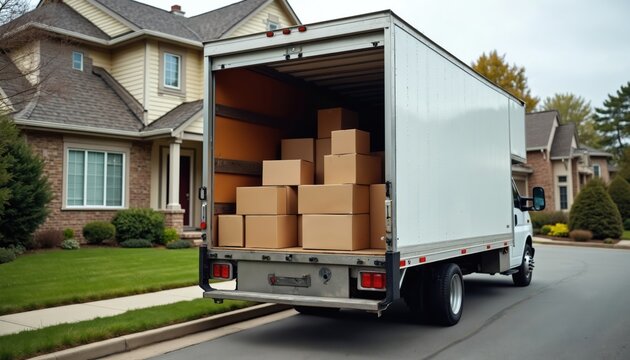 Moving truck loaded with cardboard boxes parked in front of suburban home. Full cargo van ready for residential relocation. Transportation service for household goods, apartments, furniture,