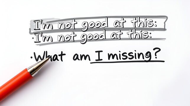 Pen crossed off negative self-talk - I'm not good at this - replaced with - What am I missing? to overcome self-doubt and insecurities - positive affirmation help to do better, go further move forward
