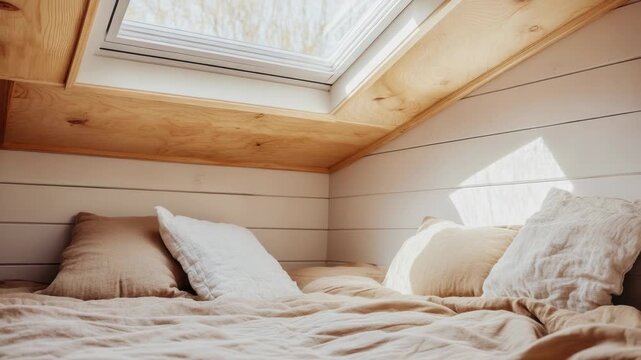 A bedroom with a skylight above the bed, providing natural light