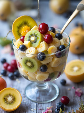 Cesto di frutta mista con banane kiwi limoni uva cocomero mele. Abbondanza estiva