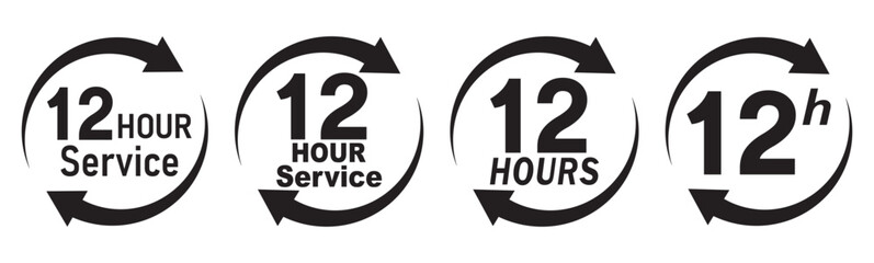 12 hours service icon vector set. 12 hours service duration sign. Vector Set of Hour Labels.  12 hours clock arrow icons, work and delivery time symbols.  12hr support sign collection.