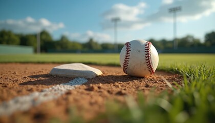 Baseball rests on field grass near home plate, ready for game. Classic white leather ball shows red stitching, minor wear. Outfield, stadium lights visible. Perfect for sports promotions, baseball
