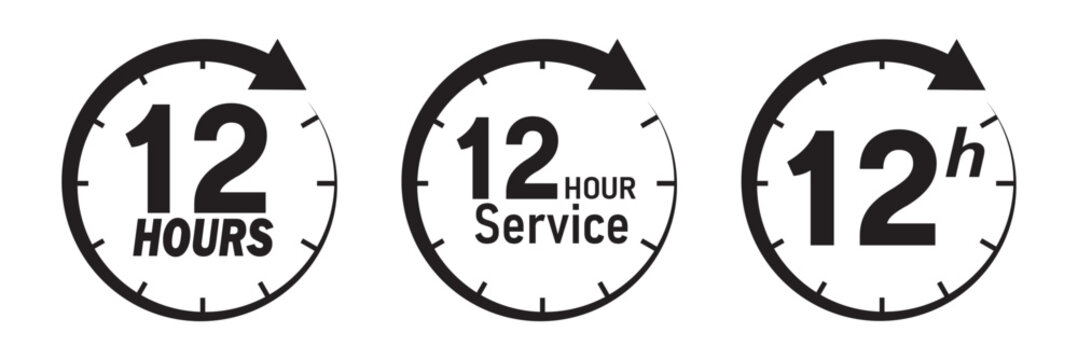 12 hours service icon vector set. 12 hours service duration sign. Vector Set of Hour Labels.  12 hours clock arrow icons, work and delivery time symbols.  12hr support sign collection.