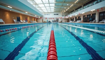 Clear blue water in indoor swimming pool with lane ropes for competitive training. Modern facility with bright lighting, clean tiled lanes, lounge chairs. Ideal for swim meets, lap swimming, aquatic