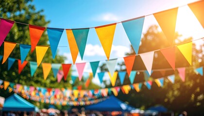 Colorful triangular flags in a park