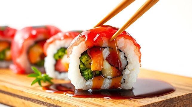 mimeograph lithograph Holographic of A dynamic shot of a colorful sushi roll being picked up with chopsticks, with a light drizzle of soy sauce, capturing the mouthwatering appeal, isolated on a