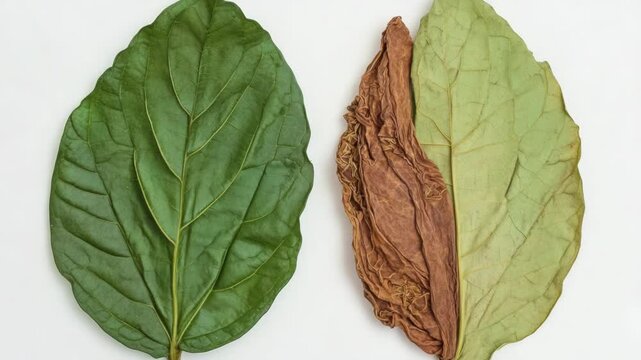 Close-up of two green leaves with brown leaf fragments attached, highlighting the natural process of decomposition