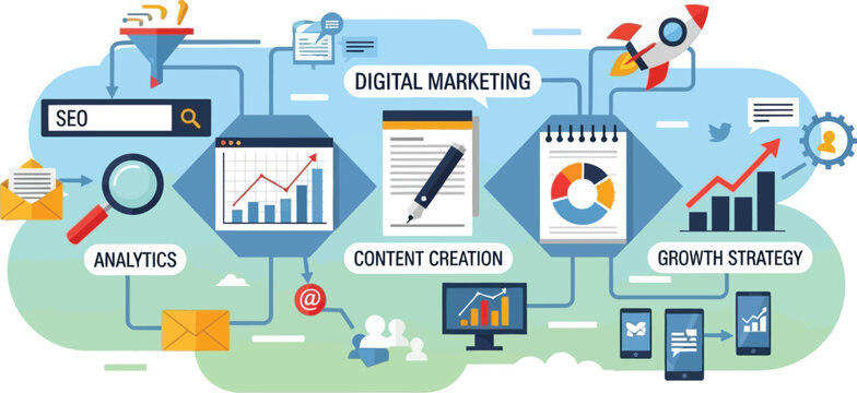 Illustration of digital marketing process with seo analytics content creation and growth strategy