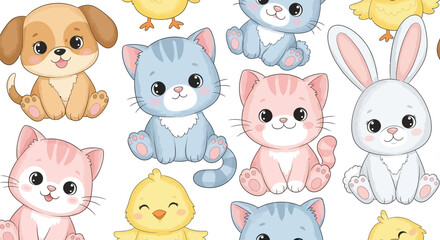 Obraz premium Seamless pattern of cute cartoon animals including a dog cat chick and bunny on a white background