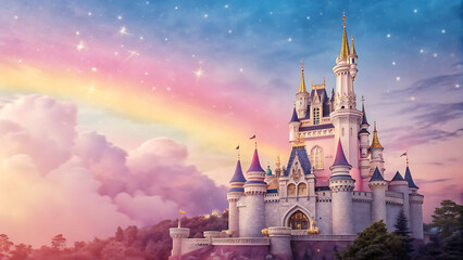 Magical Fantasy Castle with Rainbow and Sparkling Sky