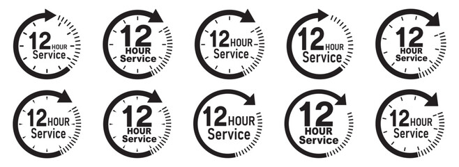 12 hours service icon vector set. 12h duration sign. 12 hours clock arrow icons, work and delivery time symbols.  12hr support sign collection. 12 hours icon vector set.