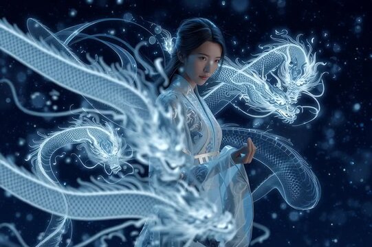 Beautiful Asian sorceress summoning glowing dragons