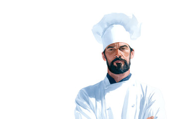 A male chef in a white uniform and tall hat. Bearded cook with professional kitchen style. For culinary school or restaurant advertising.