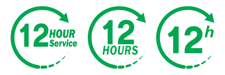 Green 12 hours service icon set. Green 12 hours service duration sign. Twelve hour delivery clock icon graphic. 12 hours clock arrow icons,12 hr delivery time symbols. Shipping delivery symbol.