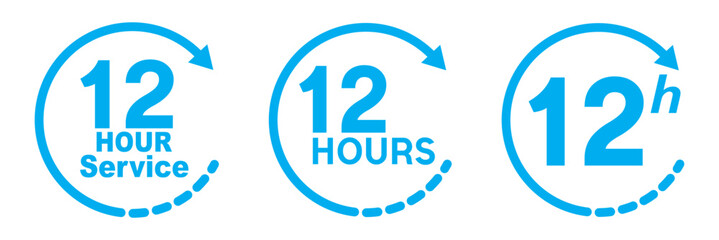 Blue 12 hours service icon. Blue 12 hours service duration sign. Blue 12 hours or half day icon with circle arrow. Shipping delivery symbol. Twelve hour delivery clock icon graphic. Hours time arrow.