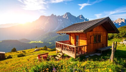Fototapeta premium Mountaintop cabin nestled in wildflowers, bathed in golden sunlight