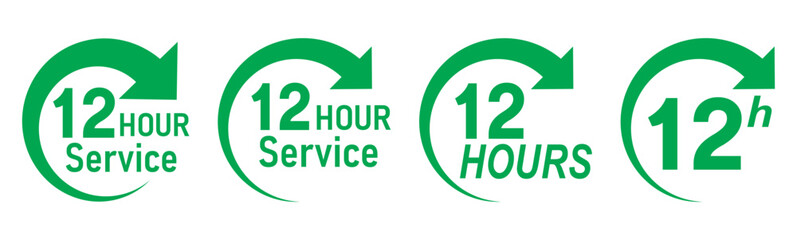 Green 12 hours service icon set. 12 hours service duration sign. Twelve hour delivery clock icon graphic. Green 12 hours clock arrow icons,12 hr delivery time symbols. Shipping delivery symbol. 