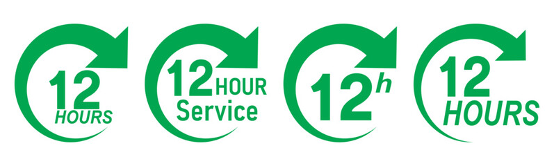 Green 12 hours service icon set. 12 hours service duration sign. Twelve hour delivery clock icon graphic. Green 12 hours clock arrow icons,12 hr delivery time symbols. Shipping delivery symbol. 