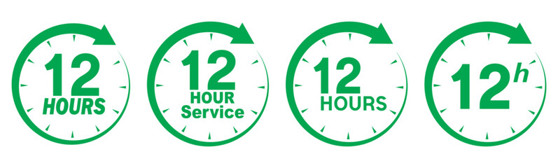 Green 12 hours service icon set. 12 hours service duration sign. Twelve hour delivery clock icon graphic. Green 12 hours clock arrow icons,12 hr delivery time symbols. Shipping delivery symbol. 