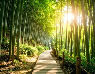 Obraz premium Sunlit bamboo grove path