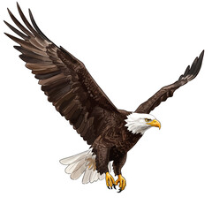 Fototapeta premium Majestic Bald Eagle in Flight with Wings Spread Isolated on White Background