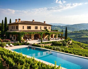 Fototapeta premium Italian villa with pool overlooking vineyards