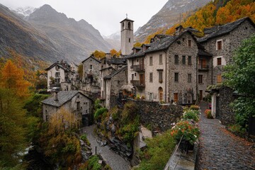 Autumnal alpine village nestled in mountains