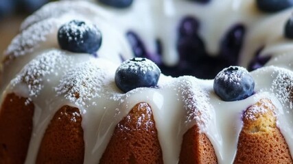 A sweet treat topped with creamy icing and fresh blueberries, perfect for a dessert or snack