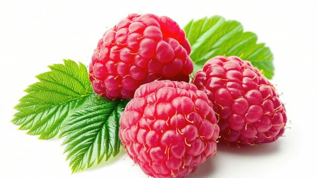 Fresh raspberries with green leaves on a white background