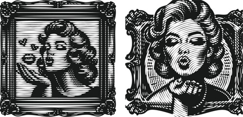  Retro girl blowing a kiss old frame monochrome lined photocopy engraving vintage style bundle