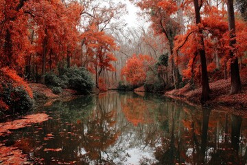 Autumnal forest reflecting in still pond