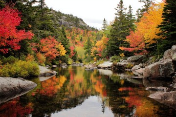 Autumnal forest reflected in a tranquil stream
